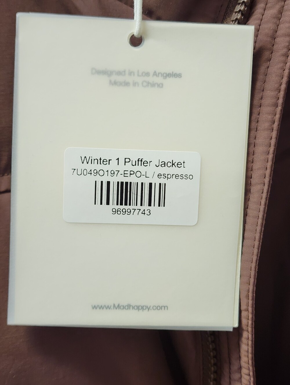 Madhappy Winter 1 Puffer Jacket Espresso Brown Size L Duck Down NWT